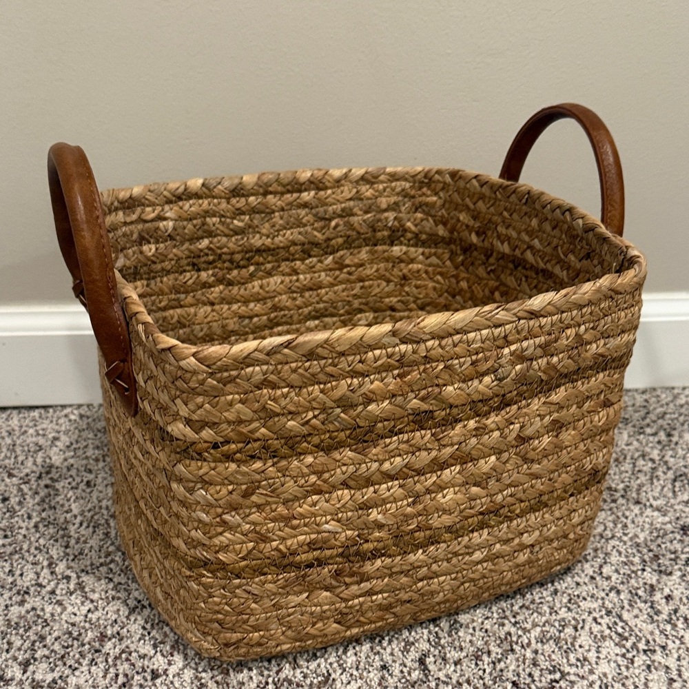 Natural Woven Basket with Brown Handles
